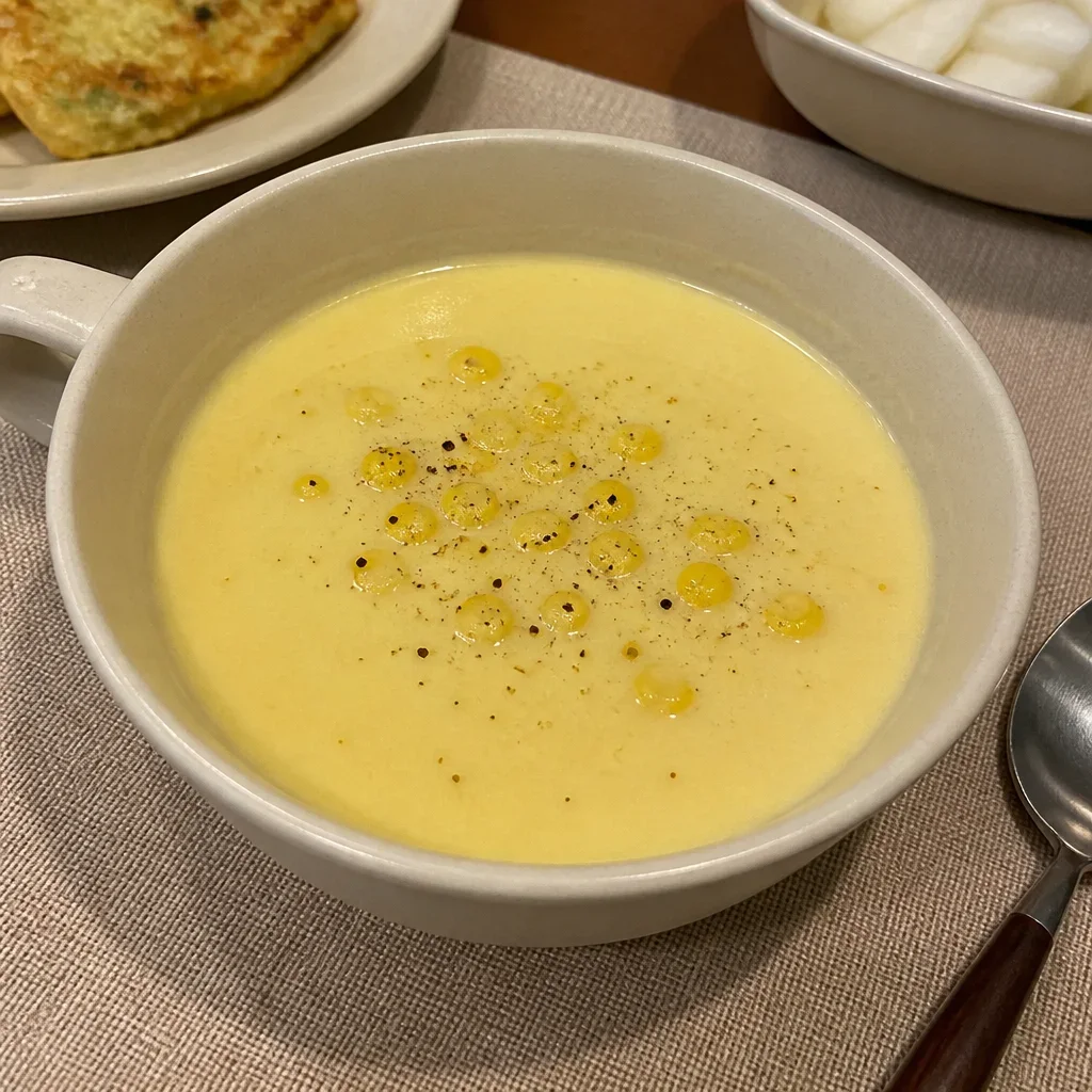 コーンスープとコーンモチピザ