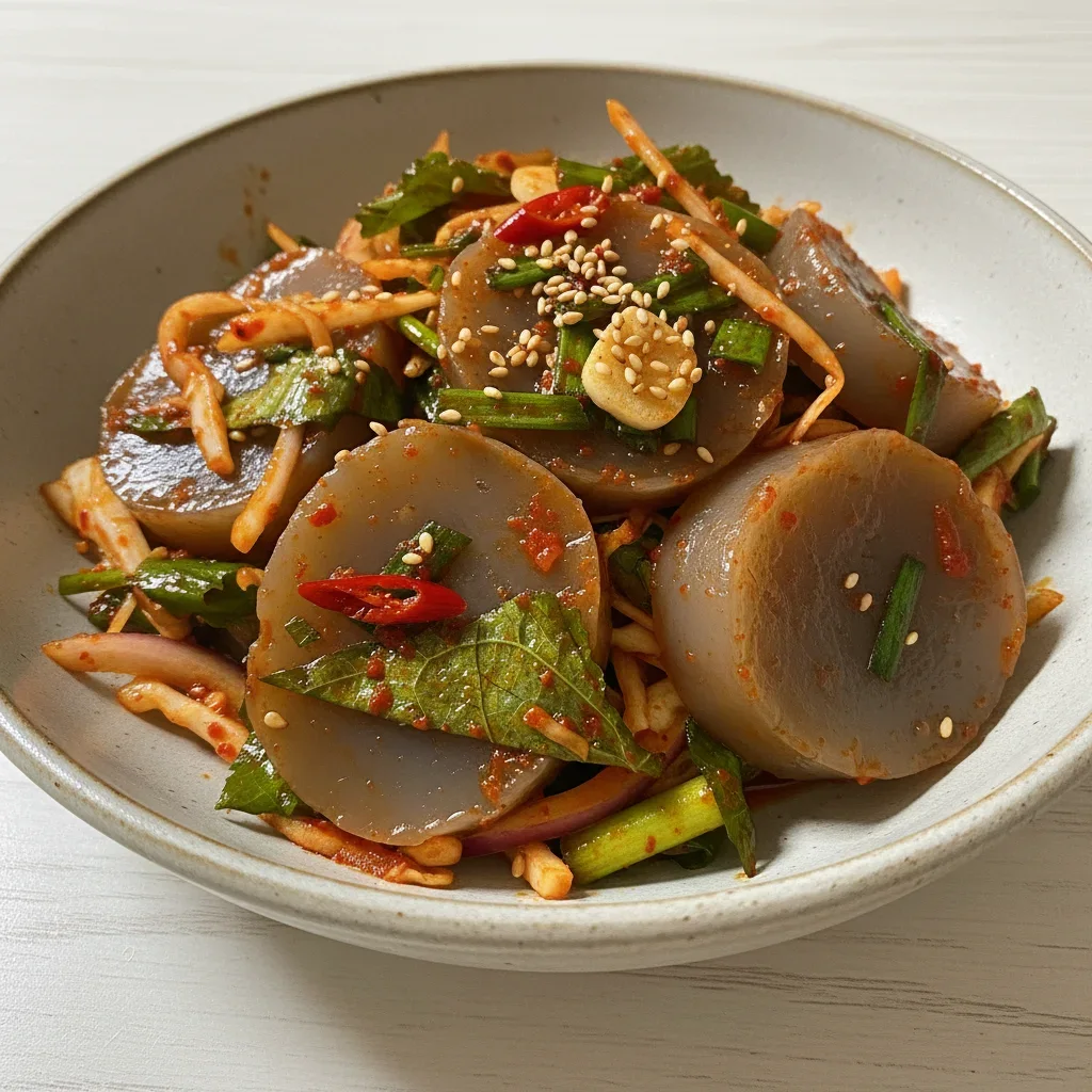 甘酸っぱ辛い野菜和えとサーモン刺身のエゴマの葉・トビッコ包み