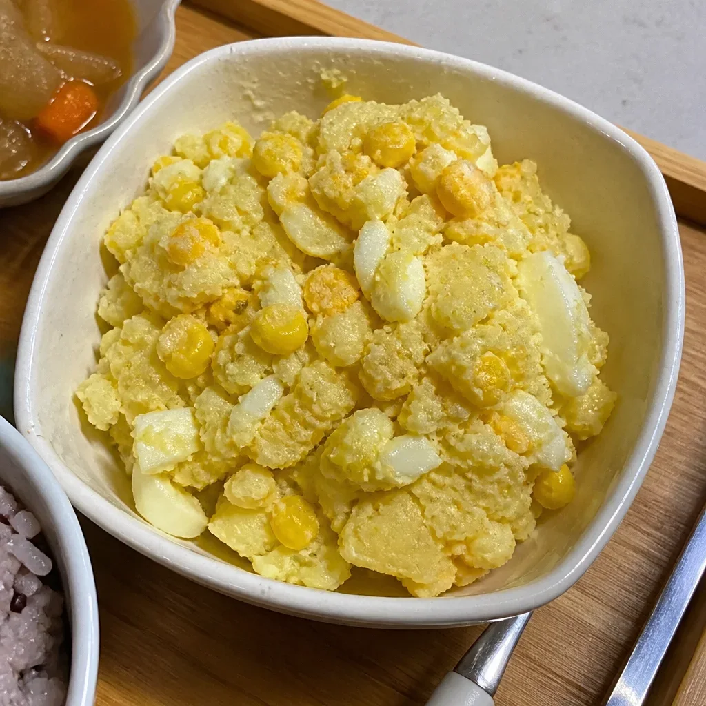 クレソンを添えたコーンポテトサラダ