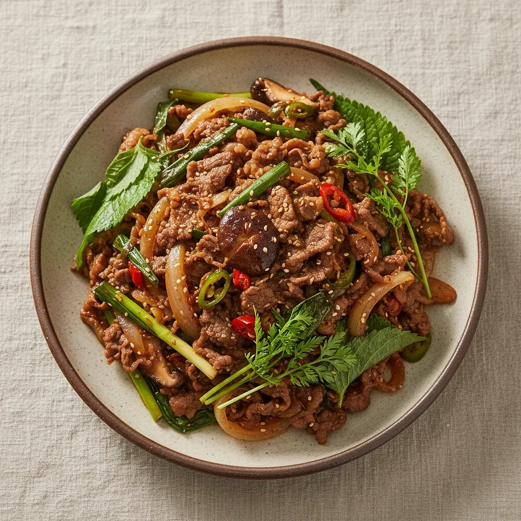 牛肉の甘辛炒めエゴマの葉トッポギ