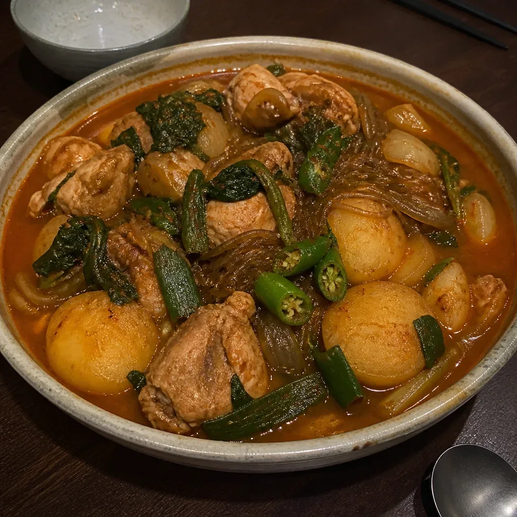 コチュジャンスープ風チキン炒め煮 エゴマの葉入りダクドリタン